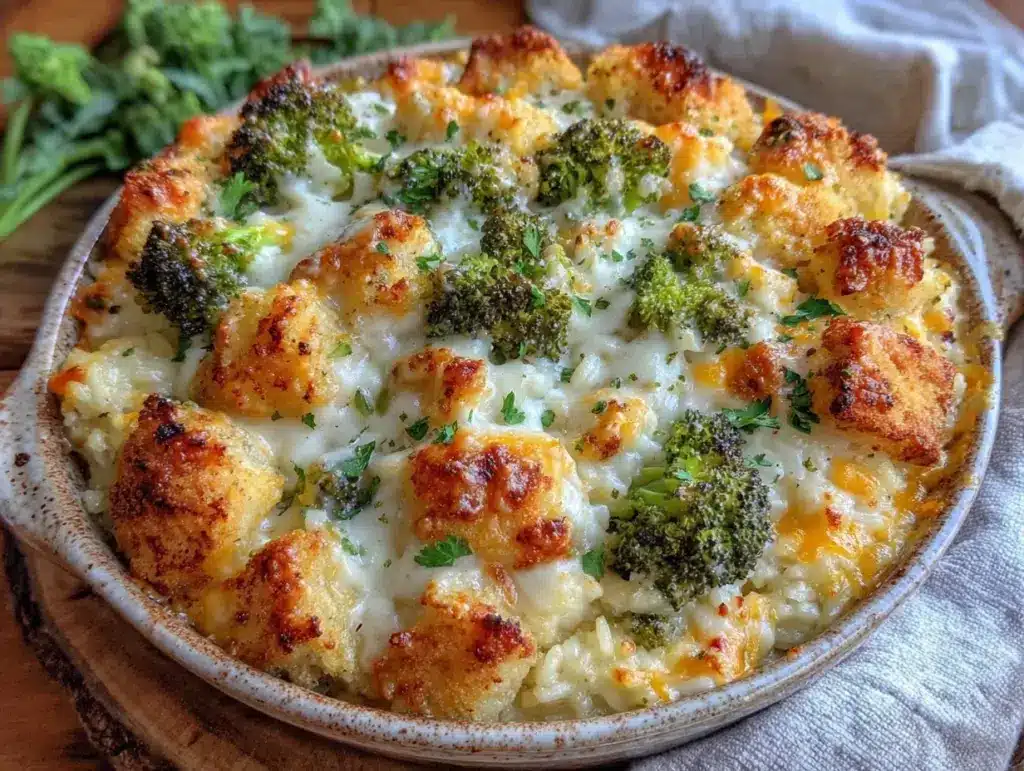 creamy chicken broccoli rice casserole - featured image