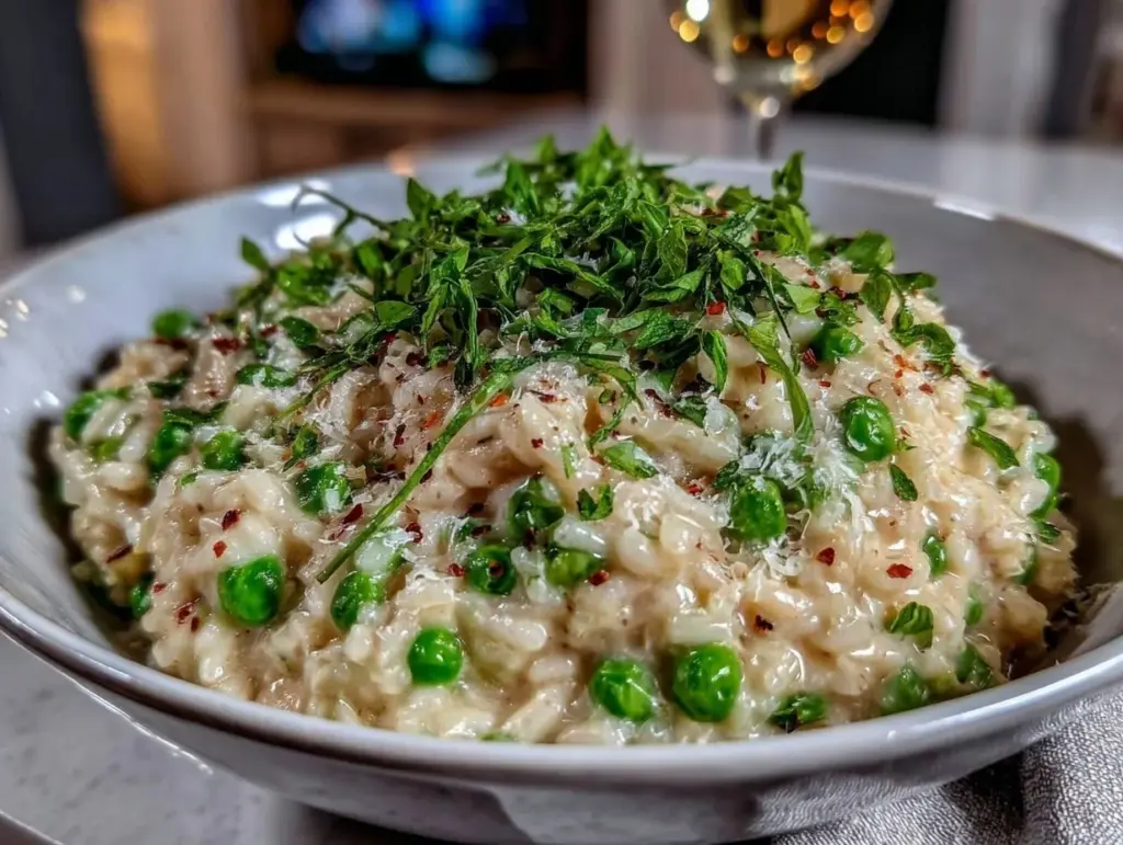 creamy pea and mint risotto - featured image