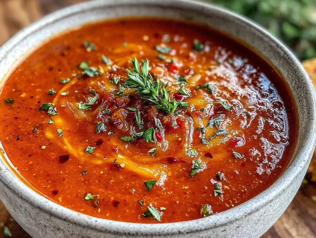 creamy roasted red pepper and gouda soup - featured image