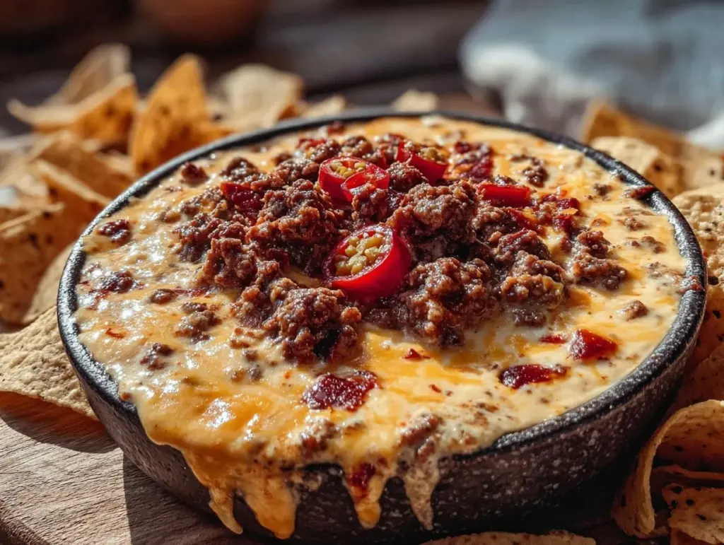 creamy slow cooker queso dip with ground beef - featured image