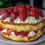 heart-shaped strawberry shortcake layer cake - featured image