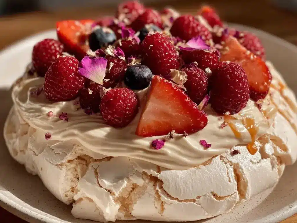strawberry rose pavlova - featured image