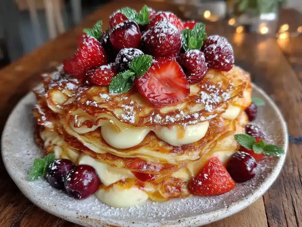 champagne strawberry crepe cake - featured image