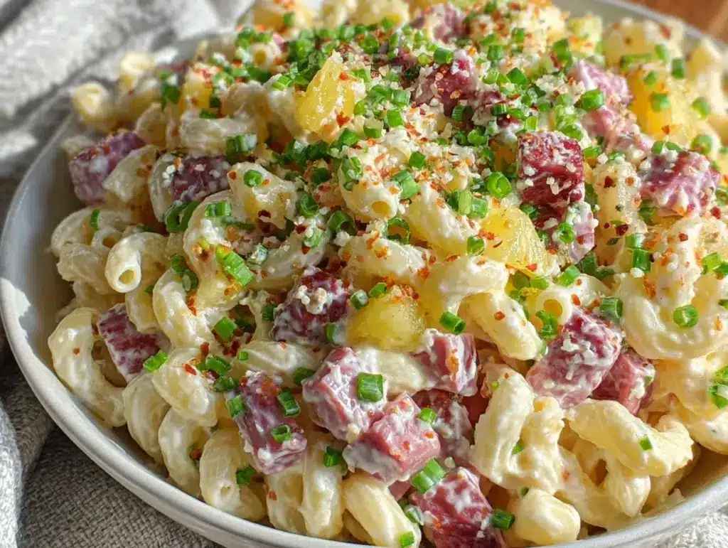 creamy hawaiian macaroni pasta salad - featured image