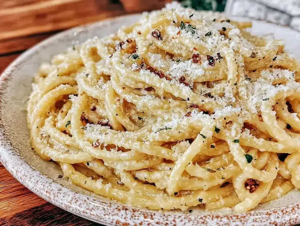 creamy homemade cacio e pepe bucatini - featured image