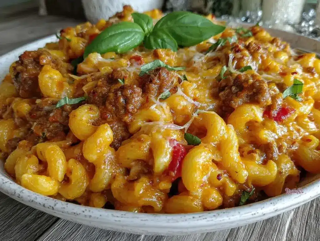 creamy one-pot cheesy ground beef pasta - featured image