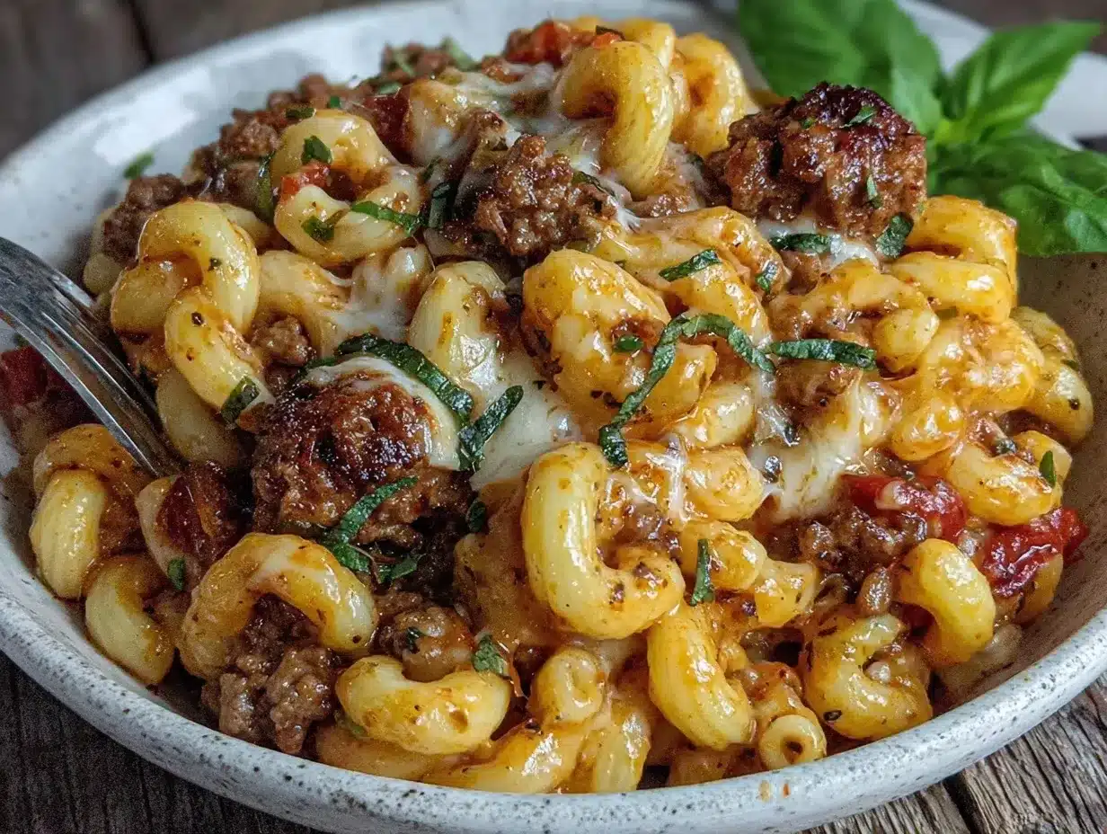 creamy one-pot cheesy ground beef pasta preparation steps