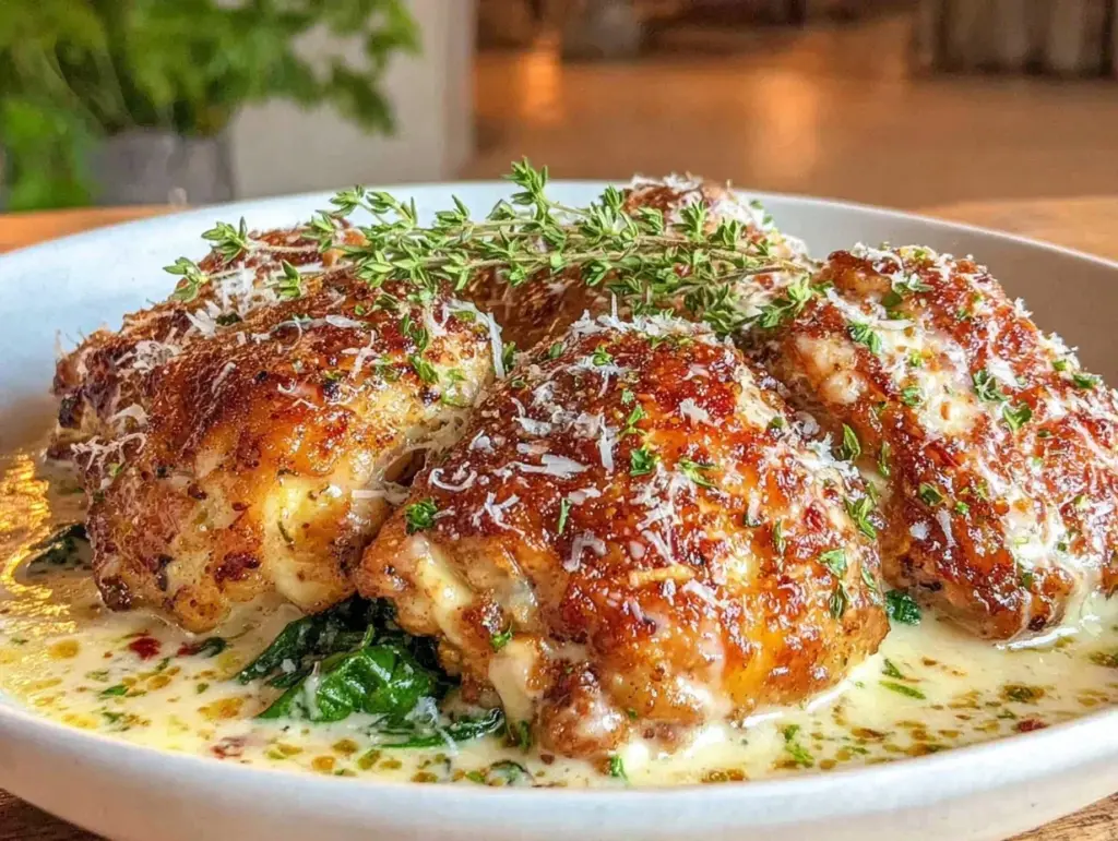 creamy slow cooker garlic parmesan chicken thighs - featured image