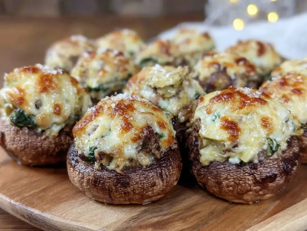 creamy spinach and artichoke stuffed mushrooms - featured image