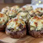 creamy spinach and artichoke stuffed mushrooms - featured image