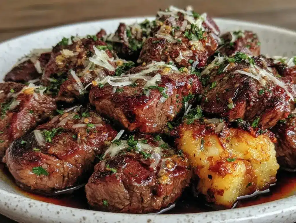 crispy air fryer garlic parmesan steak bites - featured image