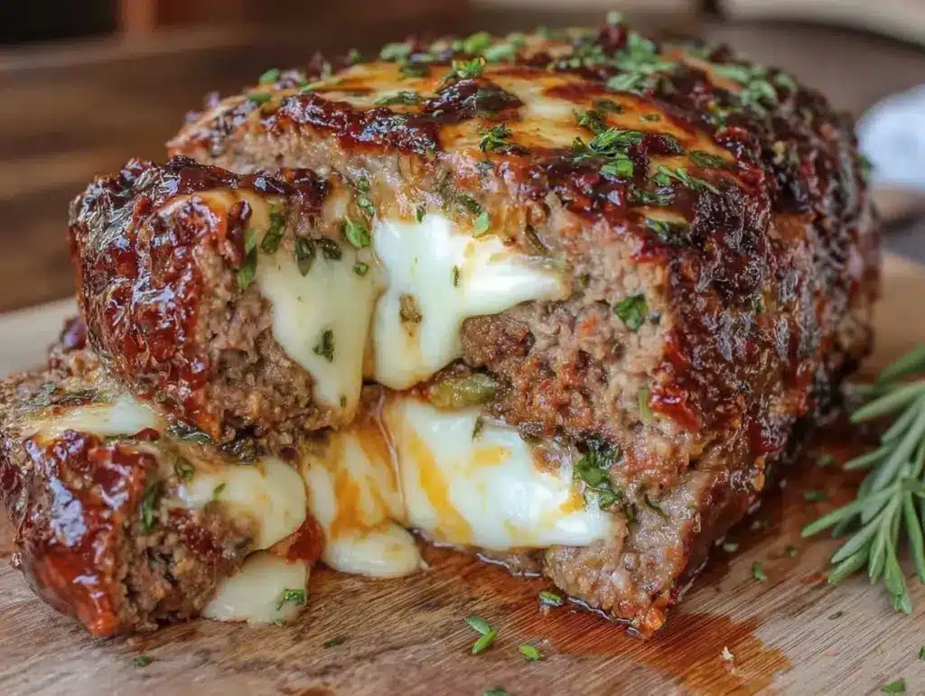 juicy meatloaf stuffed with mozzarella and sun-dried tomatoes - featured image