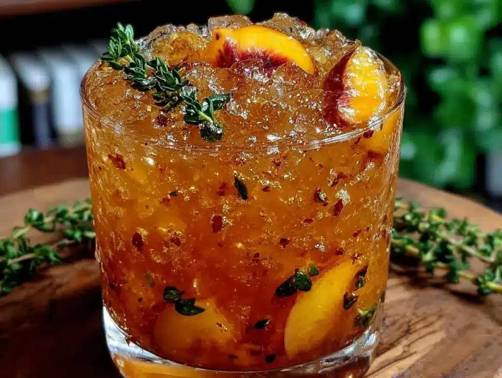 peach bourbon smash cocktail - featured image