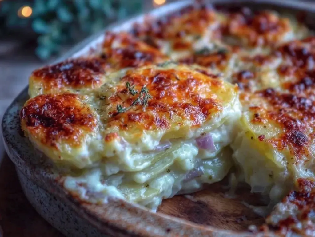 creamy caramelized onion gruyère scalloped potatoes - featured image