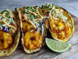 crispy bang bang shrimp tacos - featured image