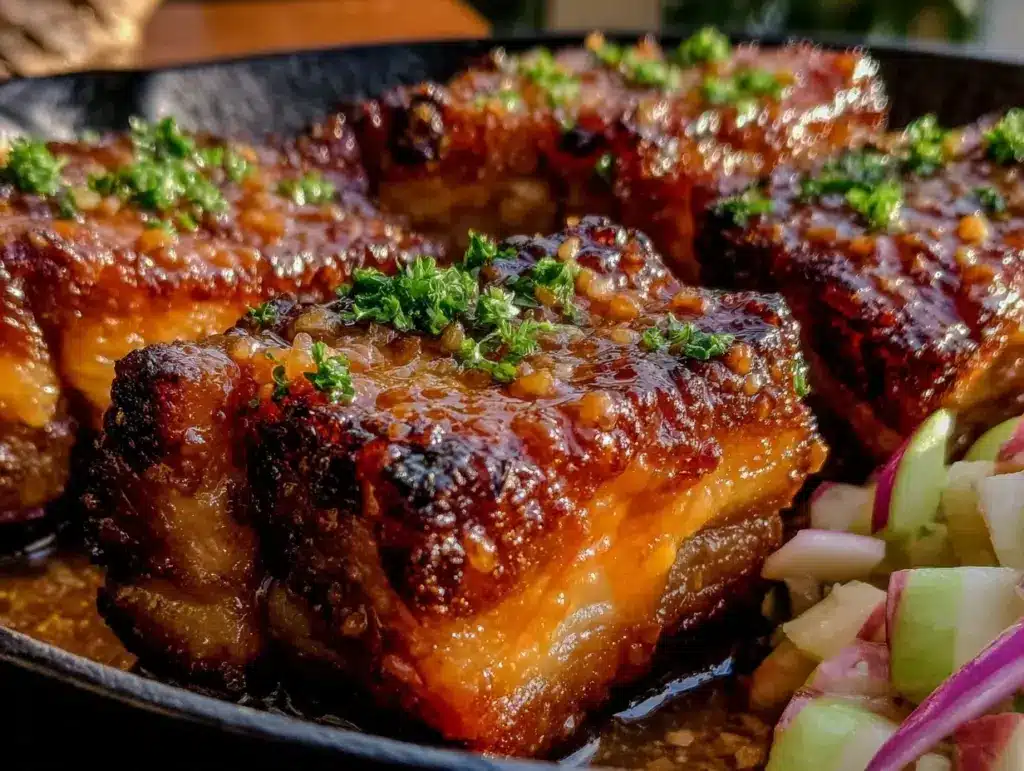 crispy cast iron maple glazed pork belly - featured image