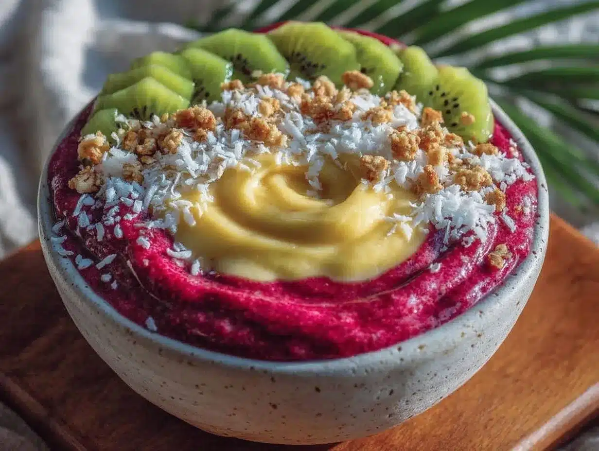 fresh pitaya pink dragon fruit smoothie bowl preparation steps