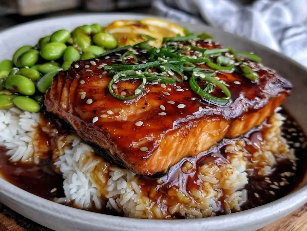 quick teriyaki salmon rice bowl - featured image