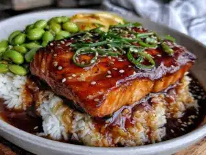 quick teriyaki salmon rice bowl - featured image