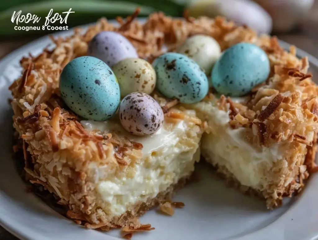 robin egg speckled coconut cream nest cake - featured image