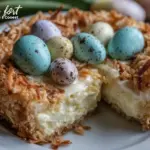robin egg speckled coconut cream nest cake - featured image