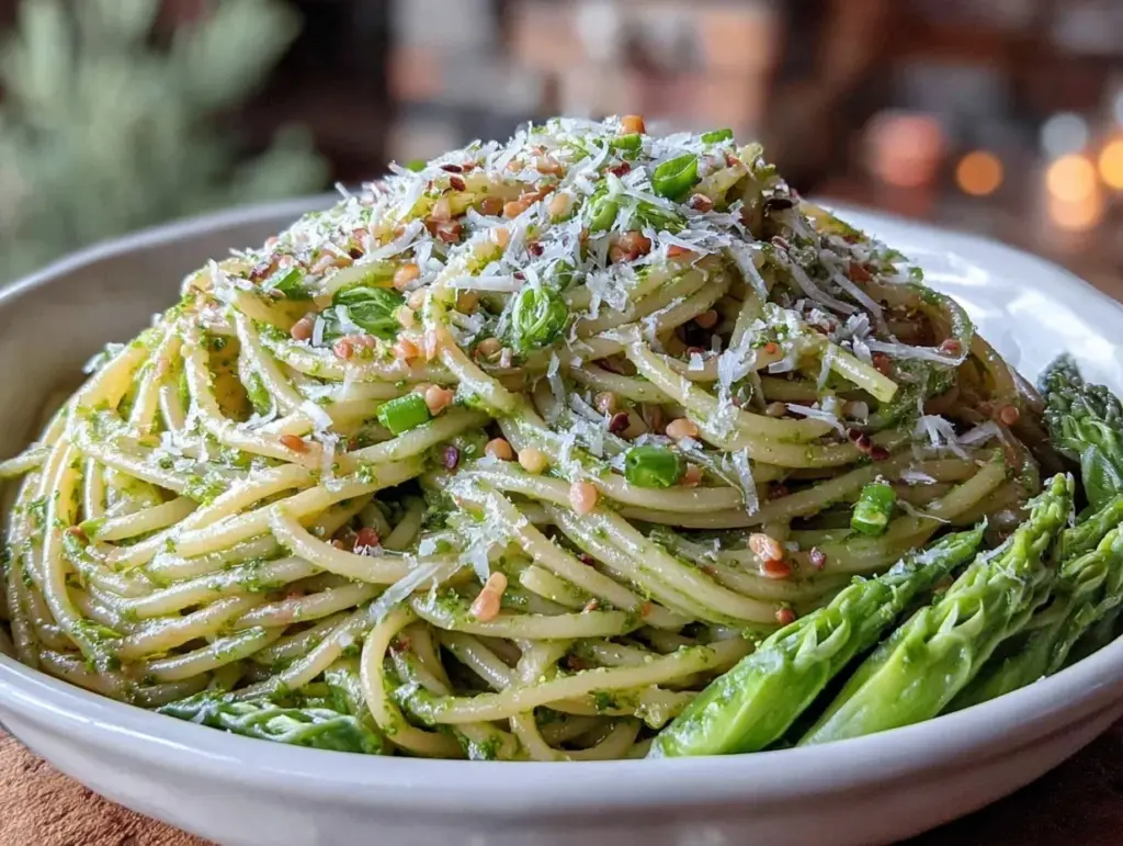 fresh garlic scape pesto pasta - featured image