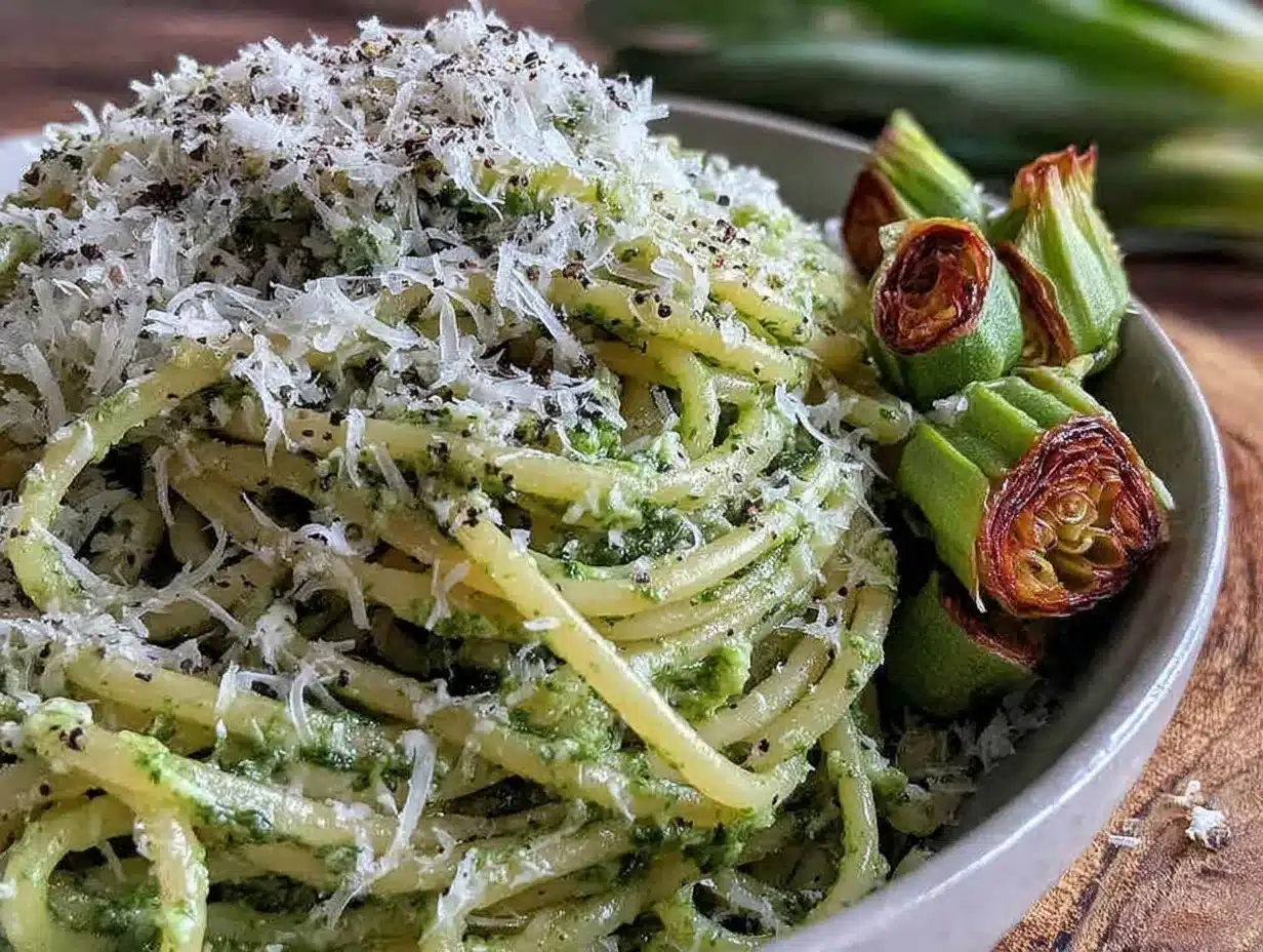 fresh garlic scape pesto pasta preparation steps