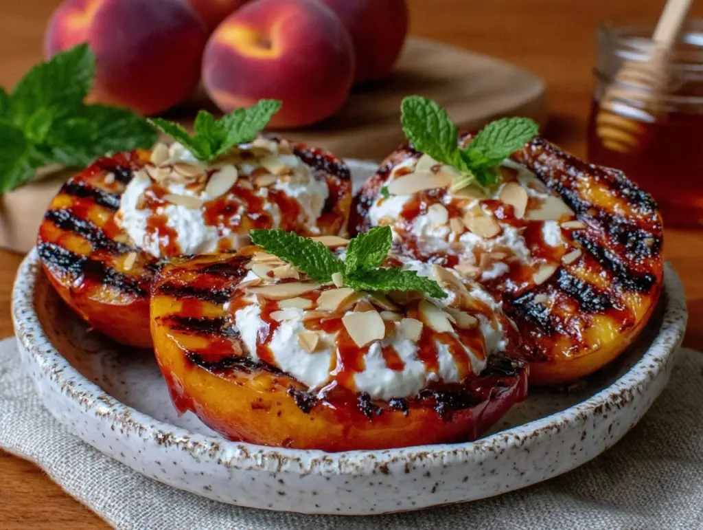 grilled peaches with honey mascarpone - featured image