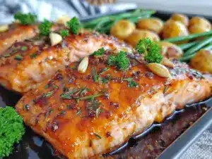 honey garlic glazed salmon sheet pan dinner - featured image