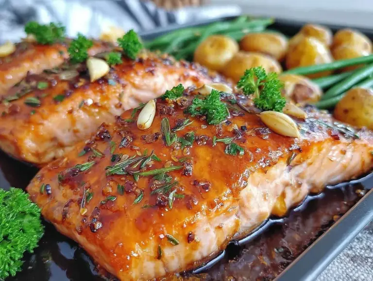 honey garlic glazed salmon sheet pan dinner - featured image