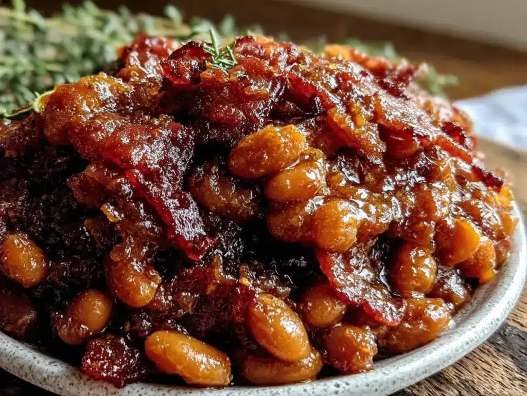 savory baked beans with bacon slow cooker recipe - featured image