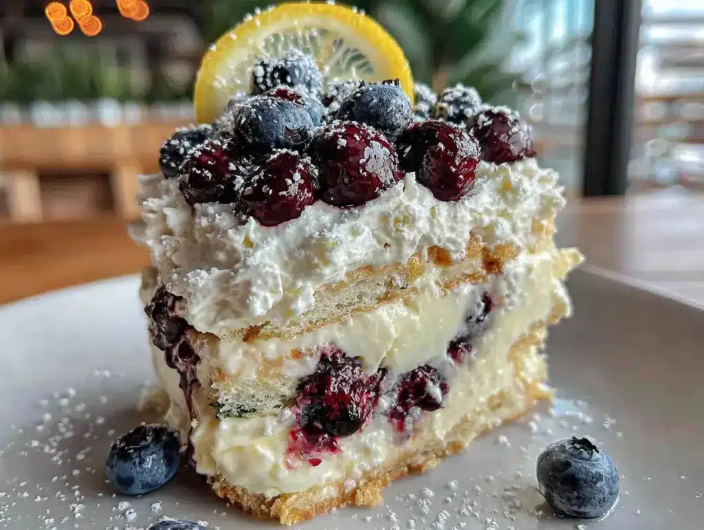 creamy lemon blueberry icebox cake - featured image