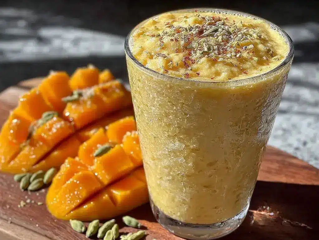 creamy mango lassi smoothie with cardamom - featured image