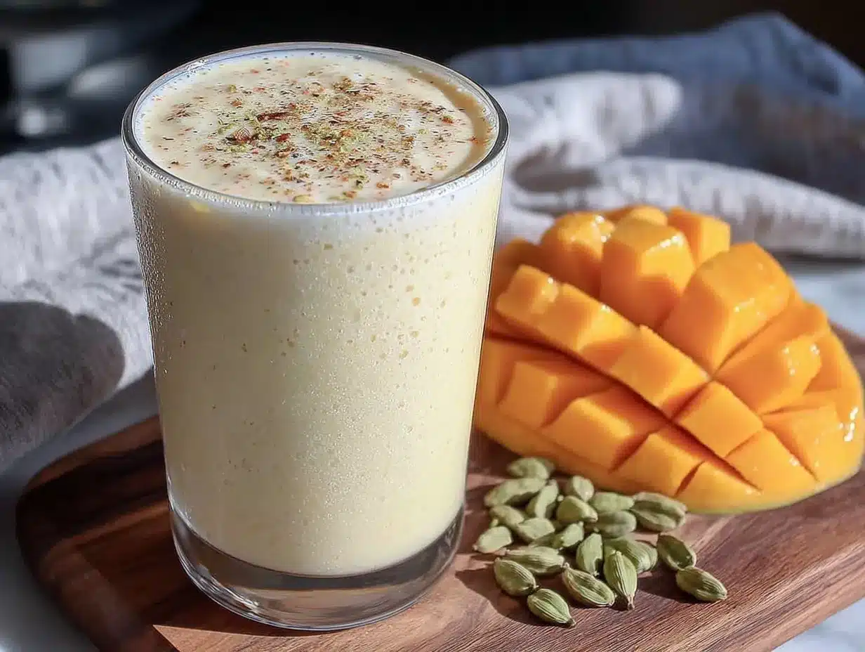 creamy mango lassi smoothie with cardamom preparation steps