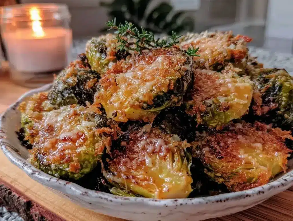 crispy garlic parmesan air fryer brussels sprouts - featured image