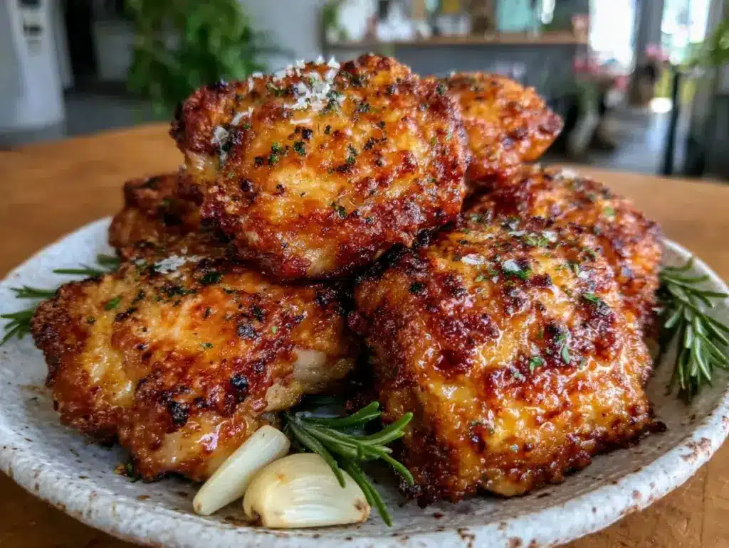 crispy garlic parmesan chicken thighs air fryer recipe - featured image