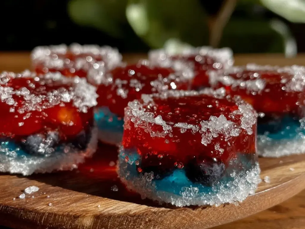 festive red and blue layered vodka jello shots - featured image
