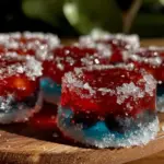 festive red and blue layered vodka jello shots - featured image