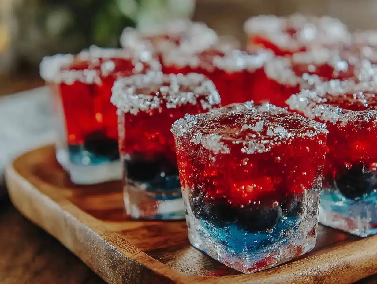 festive red and blue layered vodka jello shots preparation steps
