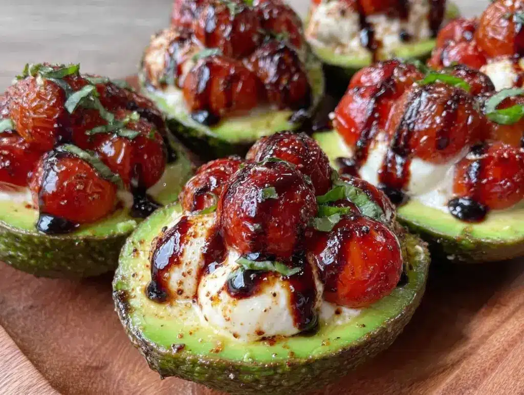 fresh caprese stuffed avocados - featured image