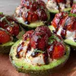 fresh caprese stuffed avocados - featured image