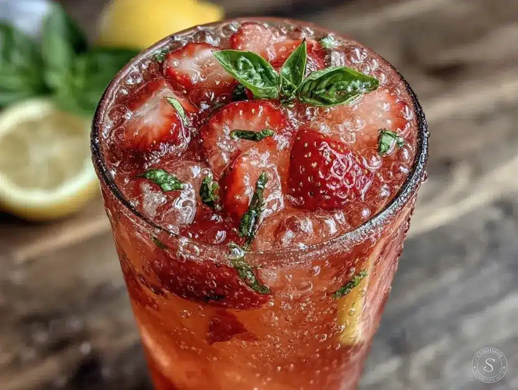 fresh sparkling strawberry lemonade with basil - featured image
