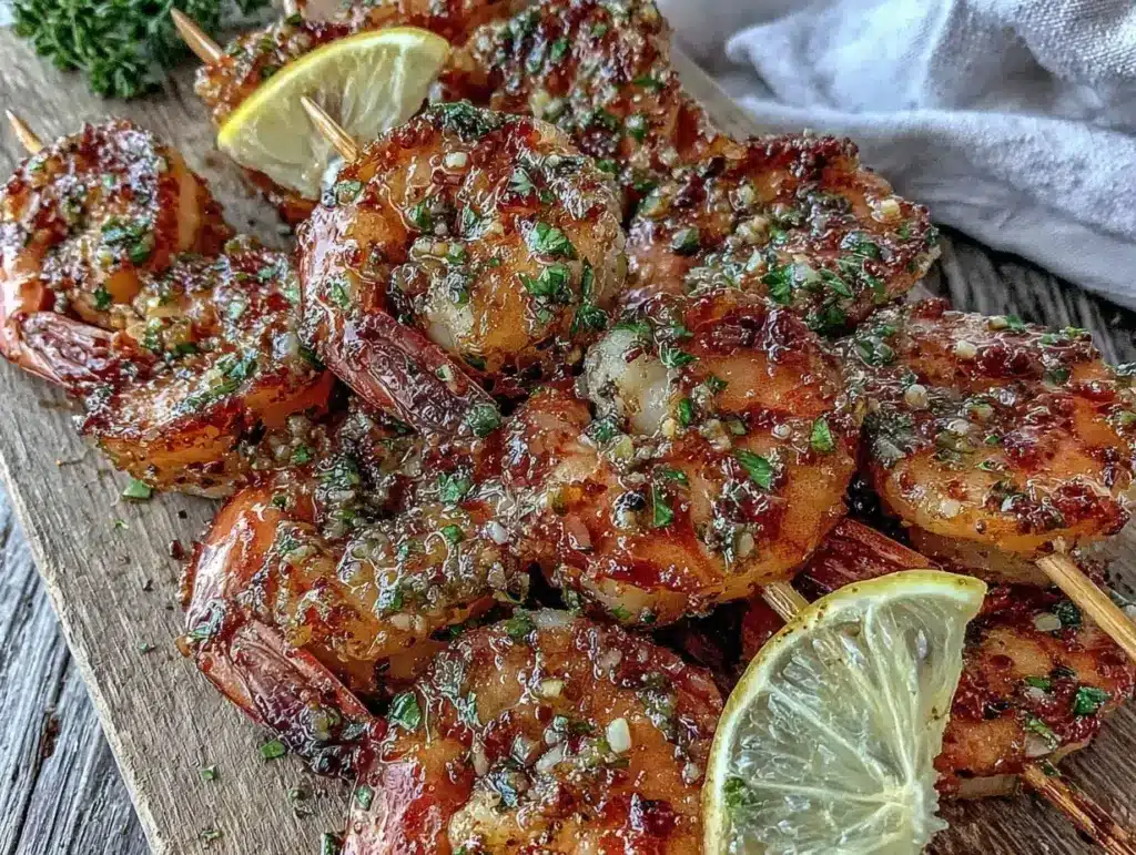 garlic butter grilled shrimp skewers - featured image