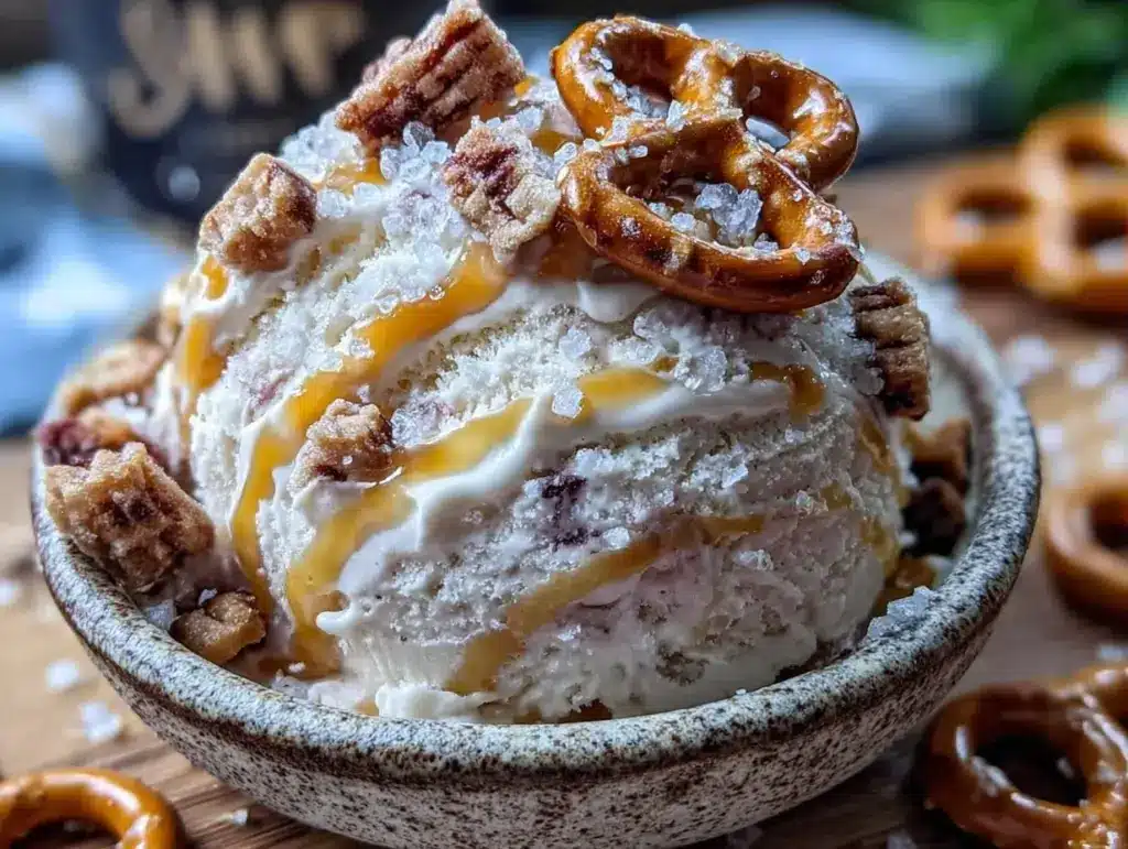 no-churn salted caramel pretzel ice cream - featured image