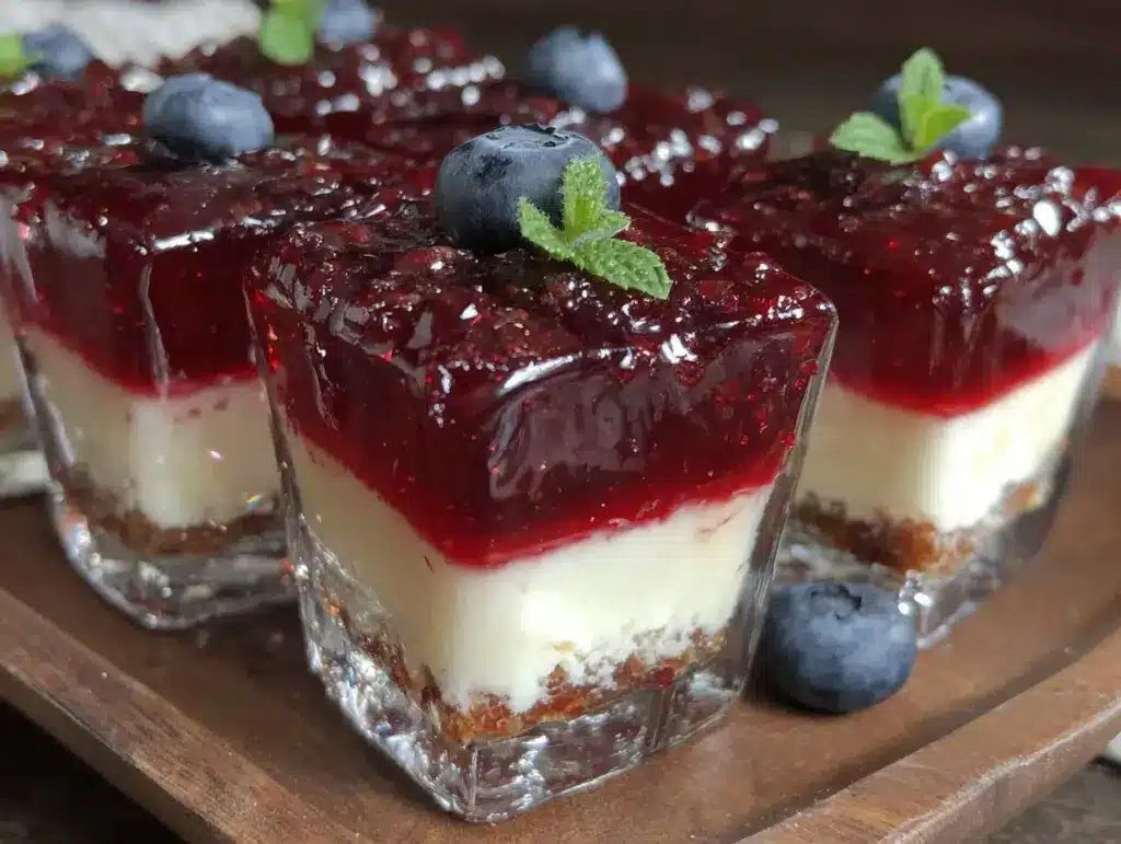 red white and blue layered jello shots - featured image