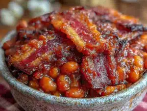 savory baked beans with bacon and brown sugar - featured image