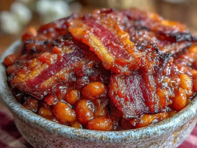 savory baked beans with bacon and brown sugar - featured image