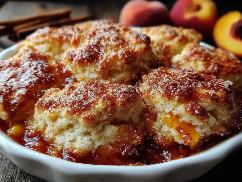 brown sugar bourbon peach cobbler - featured image