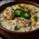 creamy crockpot white chicken chili with corn - featured image