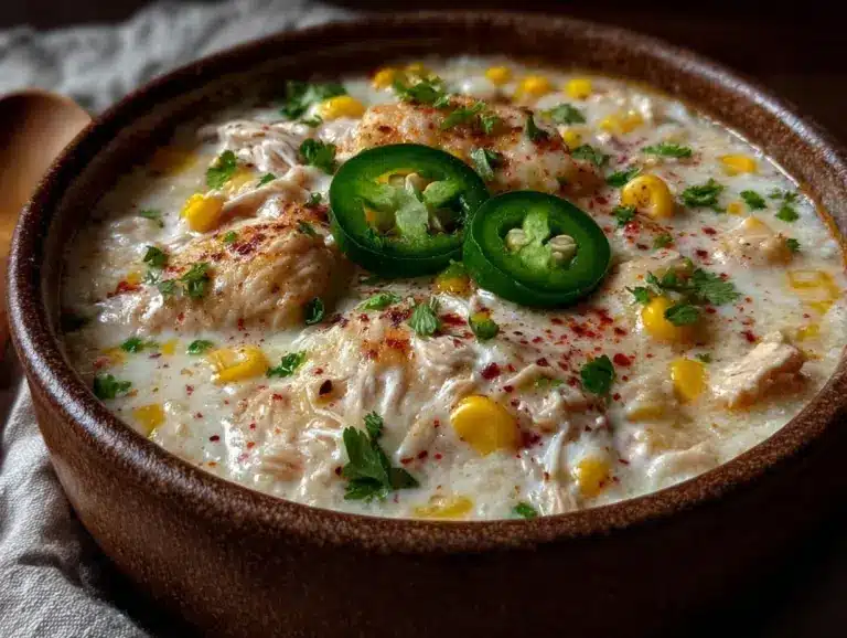 creamy crockpot white chicken chili with corn - featured image